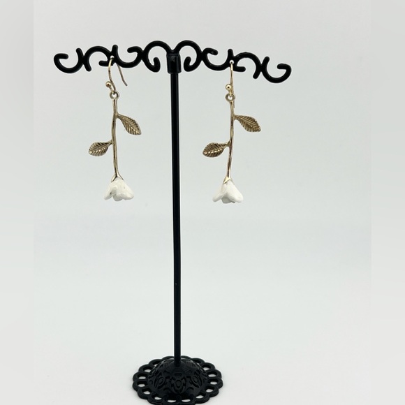 Gold Plated White Rose Dangle Drop Earrings - Picture 1 of 5